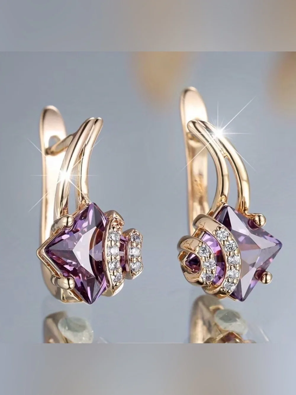 Bohemian Square Purple Gold Crystal Earrings.
